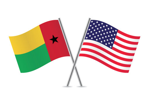 The Republic of Guinea-Bissau and America crossed flags. Guinea-Bissau and American flags on white background. Vector icon set. Vector illustration.