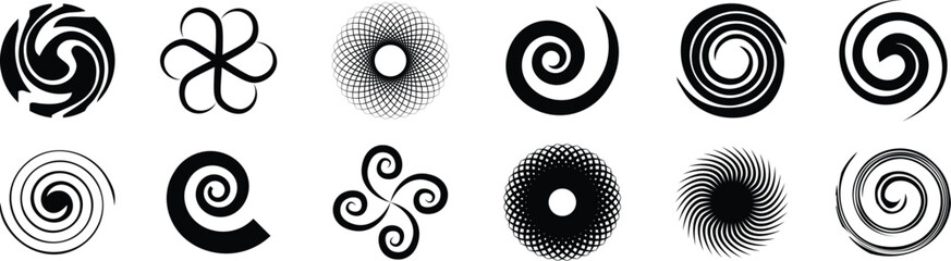 Spiral swirl icons, circle shape lines and twirl symbols, vector circular round motion and hypnotic elements.