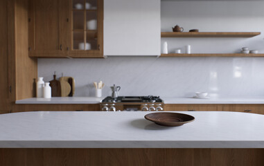 Spacious wooden kitchen with white marble. 3d rendering.