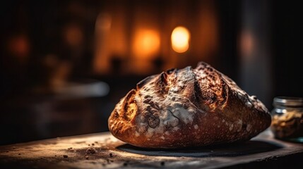 Macro Photo Sourdough Bread On Stone Rustic Pub. Generative AI
