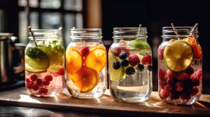 Macro Photo Sparkling Water With Fruit Slices Or Flavored Syrup On Stone Rustic Pub. Generative AI