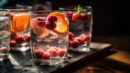 Fototapeta na wymiar Macro Photo Sparkling Water With Fruit Slices Or Flavored Syrup On Stone Rustic Pub. Generative AI