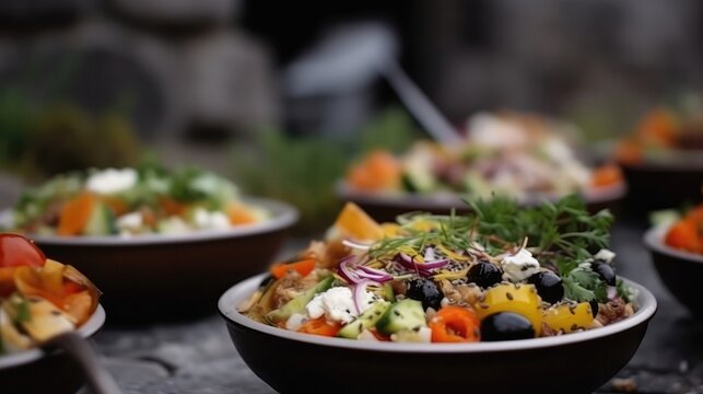 Macro Photo Salads On Stone Rustic Pub. Generative AI