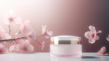 Glass jar filled with beauty product on a pale pink background with natural spring pink flowers. AI generative.