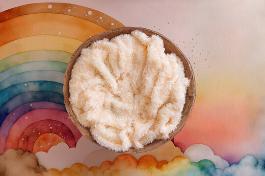 Newborn digital backdrop with wooden bowl