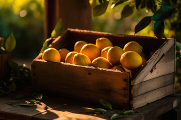 Lemons in a wooden box. Green floral background. Ai generative