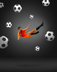 Contemporary art collage with one young man, professional footballer wearing sportswear levitating...