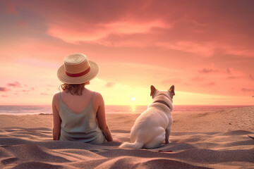 Woman and her bulldog enjoy a beautiful sunset while spending quality time together on the beach by the sea. AI Generative.