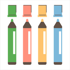 Colorful felt tip pens collection vector isolated. Illustration of four markers, blue, green, yellow and red. Drawing tool, stationery equipment.