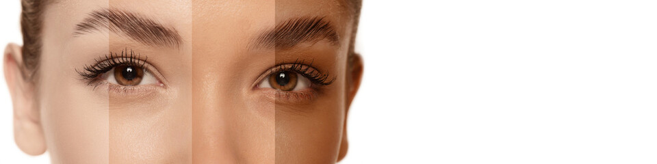 Cropped image of beautiful female face with different skin tone over white background. Sunscreen...