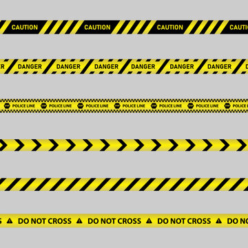 Warning yellow tape set stripes borders, Caution tape set of yellow warning ribbons.