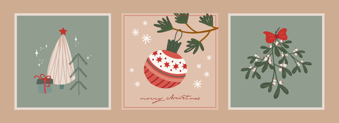 Set of christmas and new year cards with hand drawn illustrations of christmas symbols in retro style