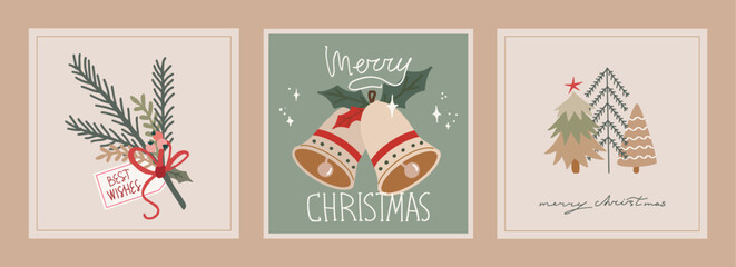 Set of christmas and new year cards with hand drawn illustrations of christmas symbols in retro style