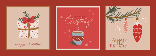 Set of christmas and new year cards with hand drawn illustrations of christmas symbols in retro style