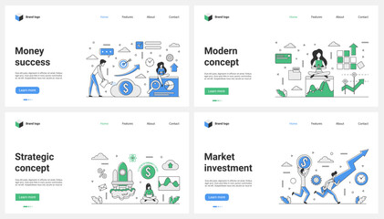 Market investment success, financial startup strategic planning set vector illustration. Cartoon tiny people invest money in fund, analysis of stock market chart growth and profit index by traders