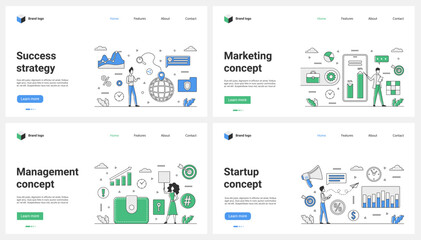 Success marketing strategy, startup management set vector illustration. Cartoon tiny people work with business report presentation on mobile phone screen, dashboard with profit growth research