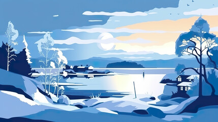 Fototapeta na wymiar A painting of a winter scene with a lake. AI generative. Sweden in winter Sweden in winter