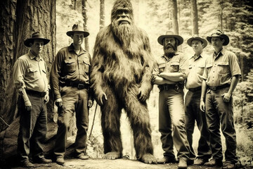 Aged historical photograph with a group of US Forest Rangers and a Sasquatch. Generative AI illustration - obrazy, fototapety, plakaty