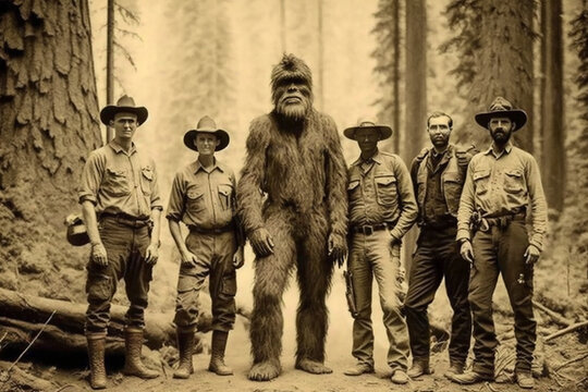 Aged historical photograph with a group of Forest Rangers and a Sasquatch