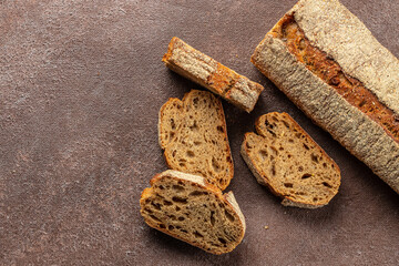 Homemade buckwheat bread, french baguette slice. banner, menu, recipe place for text, top view