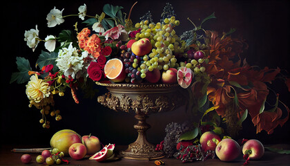 Colorful Fresh Fruit Still Life Bowl Pitcher Flower Bouquet on Moody Background AI Generative
