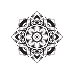 A black and white mandala with a flower design on it.