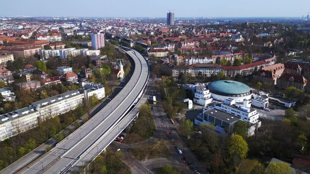 Berlin round roof house, freeway highway. Fabulous aerial top view flight drone