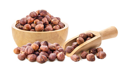 hazelnuts in wood scoop  on transparent png
