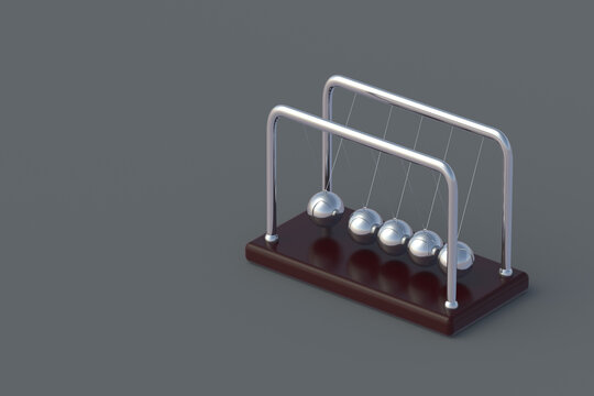 Newton's pendulum. Balancing balls. Kinetic energy. Gravity cradle. Copy space. 3d render