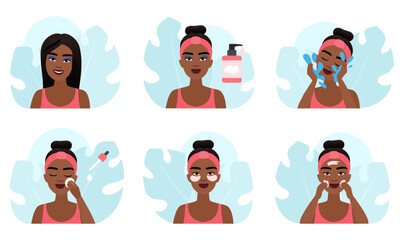 Makeup removal set vector illustration. Dark skin girl remove visage with cleansing gel and water, use cotton pad for cleanliness of skin and eye patches, female characters apply lotion or cream