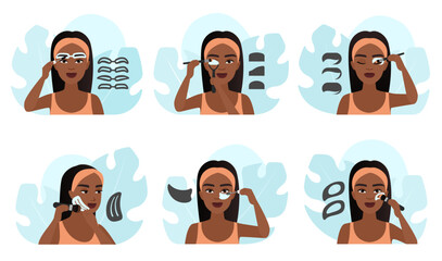 How to use makeup stencil, tutorial and infographic set vector illustration. Dark skin woman applying eyeshadow, eyebrow, eyeliner using brush and shaper tools, make up of female model with templates - obrazy, fototapety, plakaty