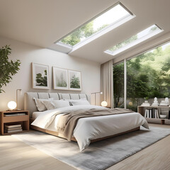 A bedroom with a large bed and a skylight. AI generative. Cosy Norvegian house