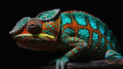 Obraz premium Colorful Chameleon on a Black Background: AI-Generated Illustration