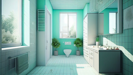 Modern and minimalist bathroom interior concept with natural light from window. 3D concept for bathroom interior design and industrial. Generative AI.