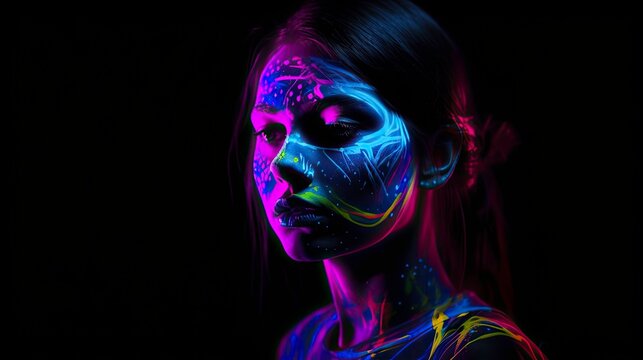 A Creative Concept of a Face with Neon Glow in the Darkness: A Photo Generated by AI
