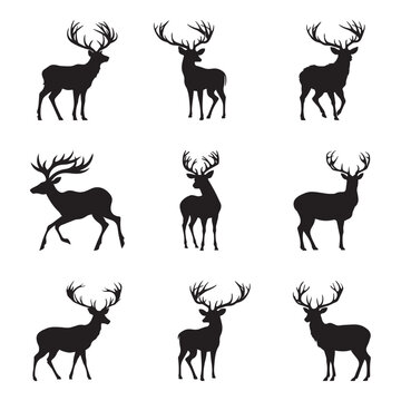 set of silhouette deer isolated on white background