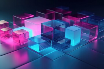 3d rendering of abstract cubes in blue and pink light on dark background, generative Ai