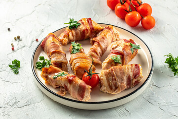 Chicken breast wrapped in bacon. Healthy fats, clean eating for weight loss. top view. place for text