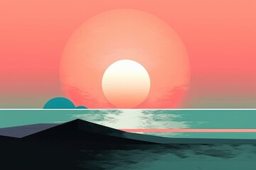Sunset over the sea. Digital illustration. Gradient mesh, generative Ai