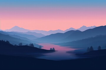 Fototapeta na wymiar Foggy landscape with lake and mountains at dawn. Vector illustration, generative Ai