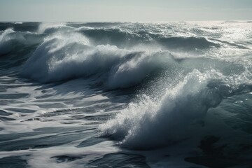 Big wave breaking on the beach in the evening. Toned, generative Ai