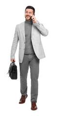 Fototapeta premium Handsome bearded businessman with briefcase talking on smartphone against white background