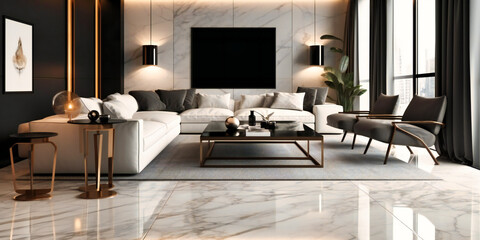 A close-up view of a sleek and sophisticated marble flooring in a grand living room