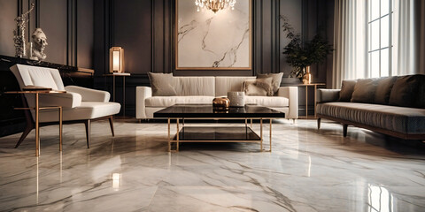 A close-up view of a sleek and sophisticated marble flooring in a grand living room