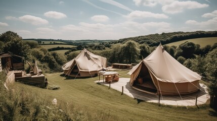 Aerial view of camping tents in the countryside. Vintage filter applied, generative Ai
