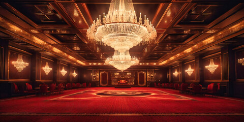 A grand ballroom featuring a luxurious chandelier that creates an opulent and sophisticated ambiance - obrazy, fototapety, plakaty