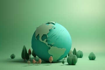 Globe in the forest, 3D render. Earth day concept, generative Ai