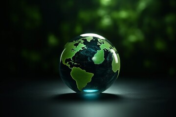 Glass globe with green plant inside on green background. Ecology concept, generative Ai