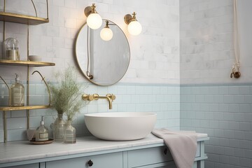 Blank horizontal poster frame mock up in minimal style bath room interior, modern bath room interior background