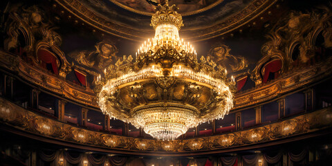 Fototapeta na wymiar A regal theater featuring a grand chandelier that creates an unforgettable and awe-inspiring experience